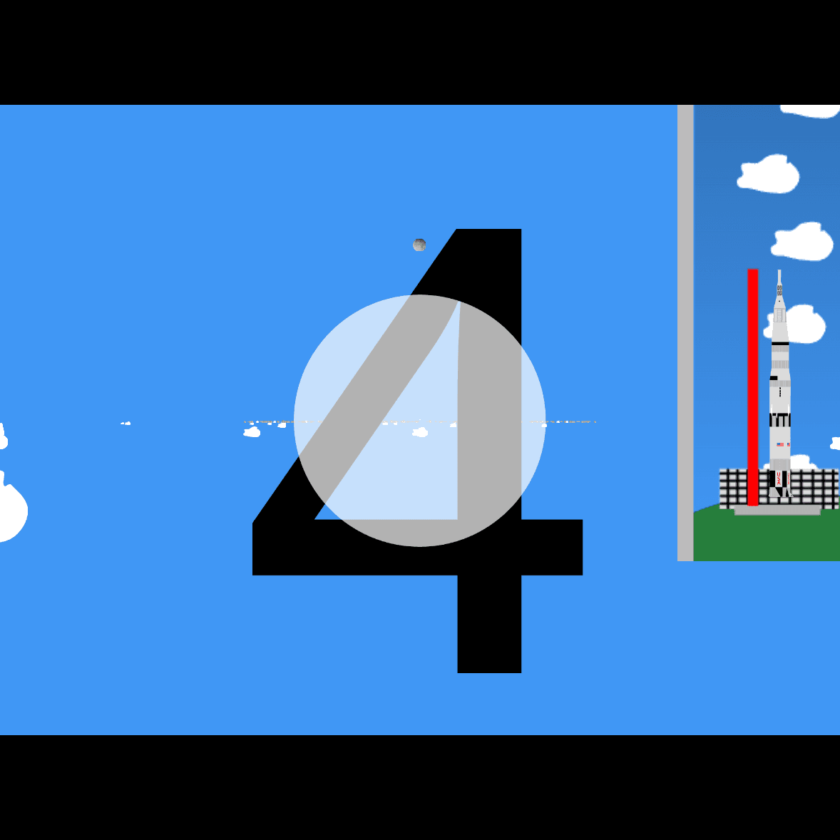 ゲームのスクリーンショット。空色の背景に、雲が3Dで表示されている。中央にはカウントダウンのタイマーが表示されている。画面の右側には、現在ロケットがどの位置を飛んでいるかを、横から示す縮図が表示されている。