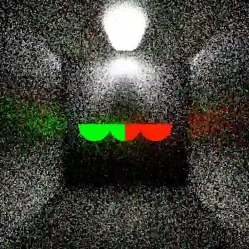 RC Tracing 0.0によってレンダリングされた画像。正方形の空間の中に、上から光が差している。中央には半円のマークが横に3つ並んでいる。