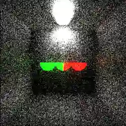 RC Tracing 1.0によってレンダリングされた画像。正方形の空間の中に、上から光が差している。中央には半円のマークが横に3つ並んでいる。バージョン0.0よりも全体的に画像が明るくなっている。