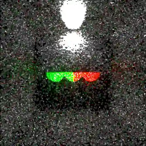 RC Tracing 1.1によってレンダリングされた画像。正方形の空間の中に、上から光が差している。中央には半円のマークが横に3つ並んでいる。バージョン1.0よりも暗所部のノイズが減っている。