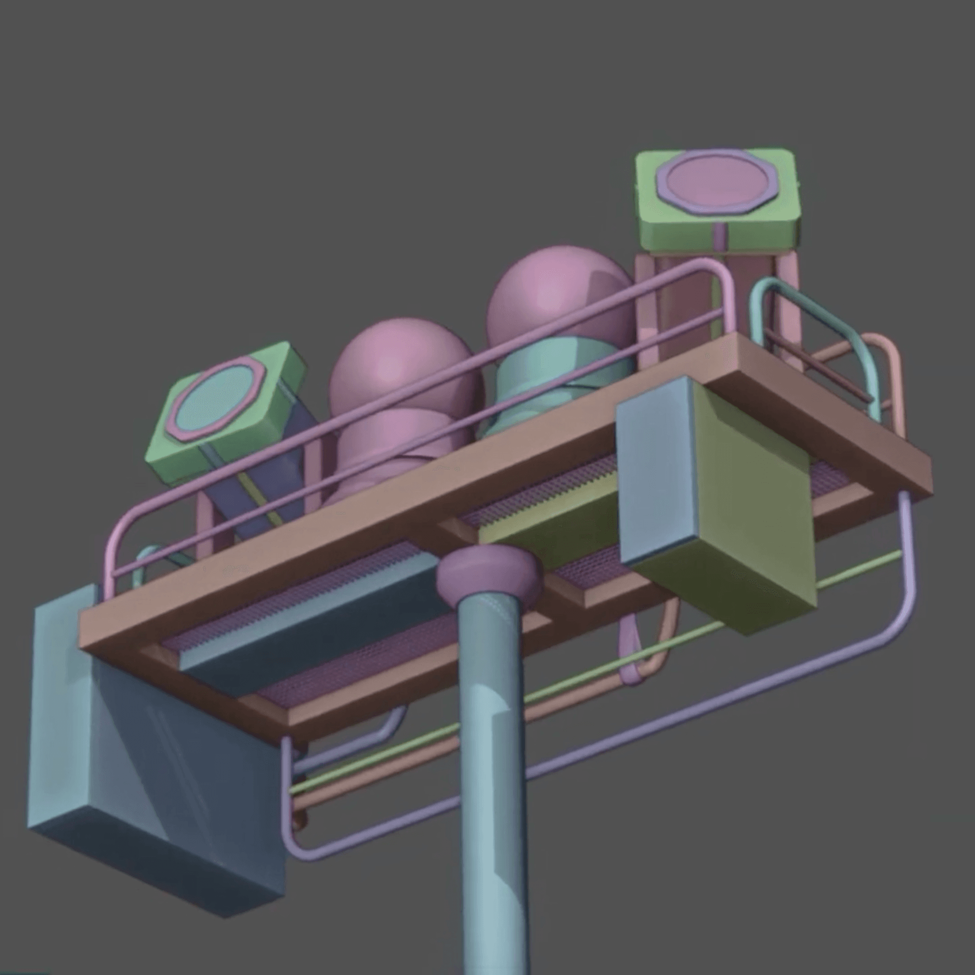 3Dモデリング用のビューで、サーチライトの3Dモデルを表示している画像。それぞれのオブジェクトがカラフルな色をしている。