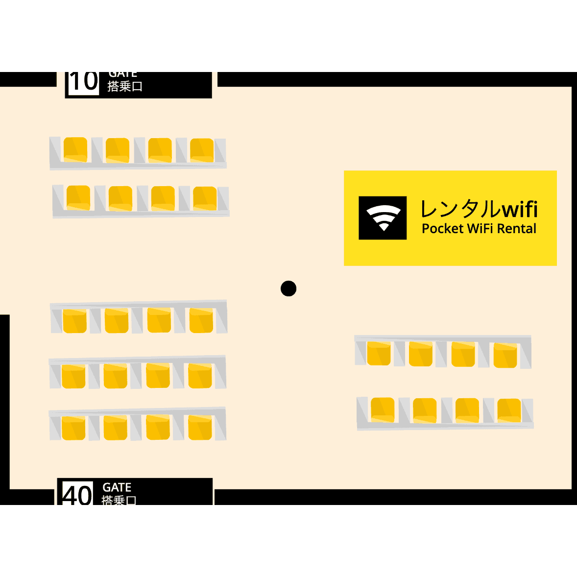 空港を上部から見たベクター風の背景に、プレイヤーが黒丸で表示されている2Dゲーム。